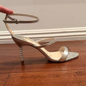 Silver Strappy Ankle-Wrap Heels with Decorative Crystal Heel